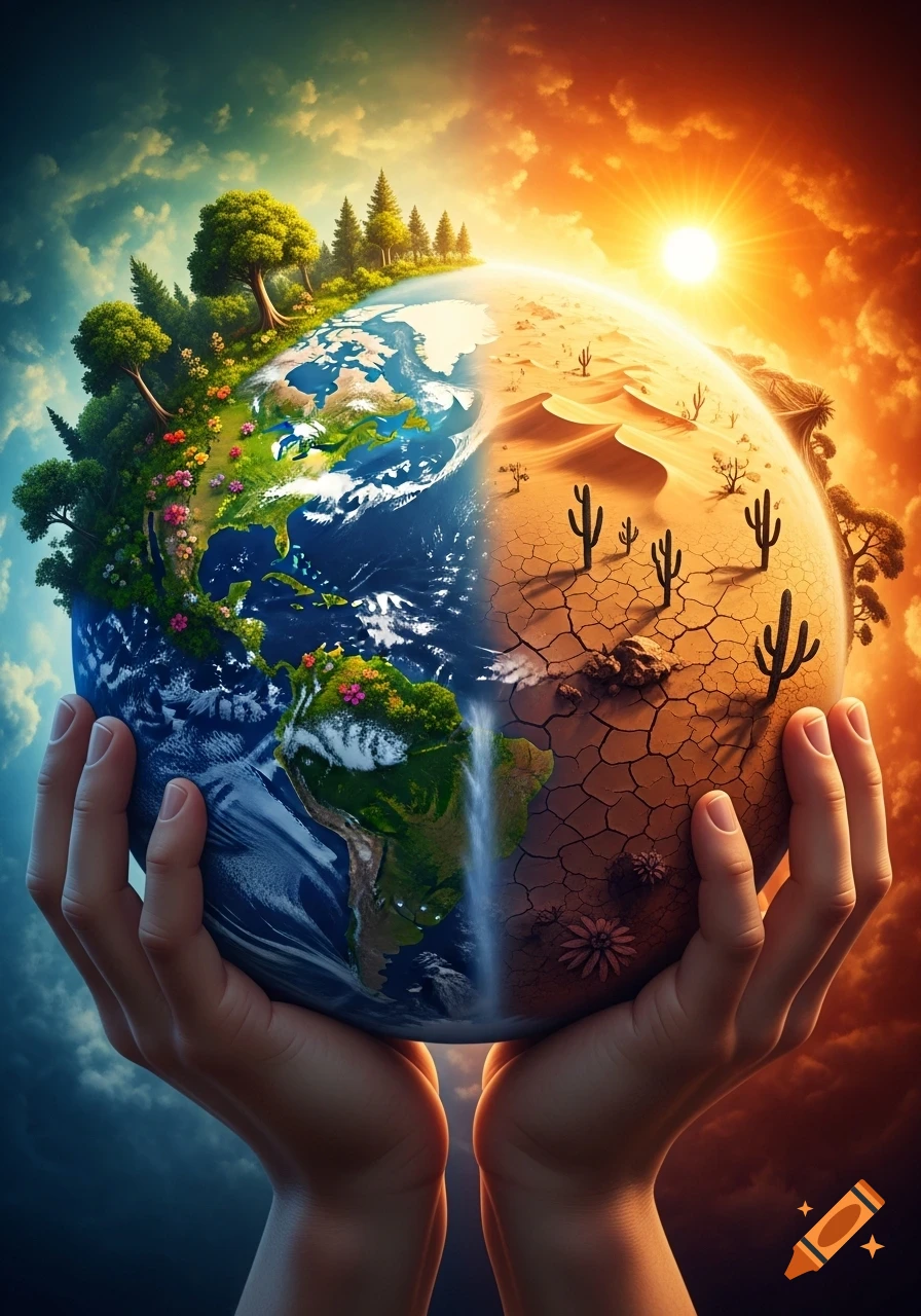 Hands hold a globe, half lush green with trees and flowers, and half arid desert with cracked earth and cacti, under contrasting skies.