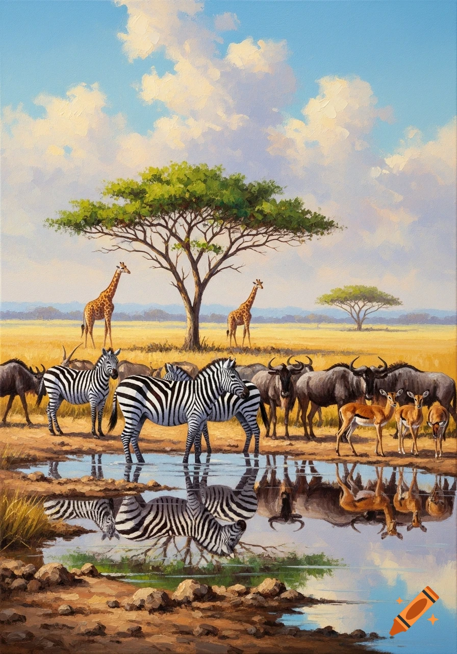 Impressionist oil painting of zebras, wildebeest, and impala drinking at a watering hole, with giraffes and an acacia tree.