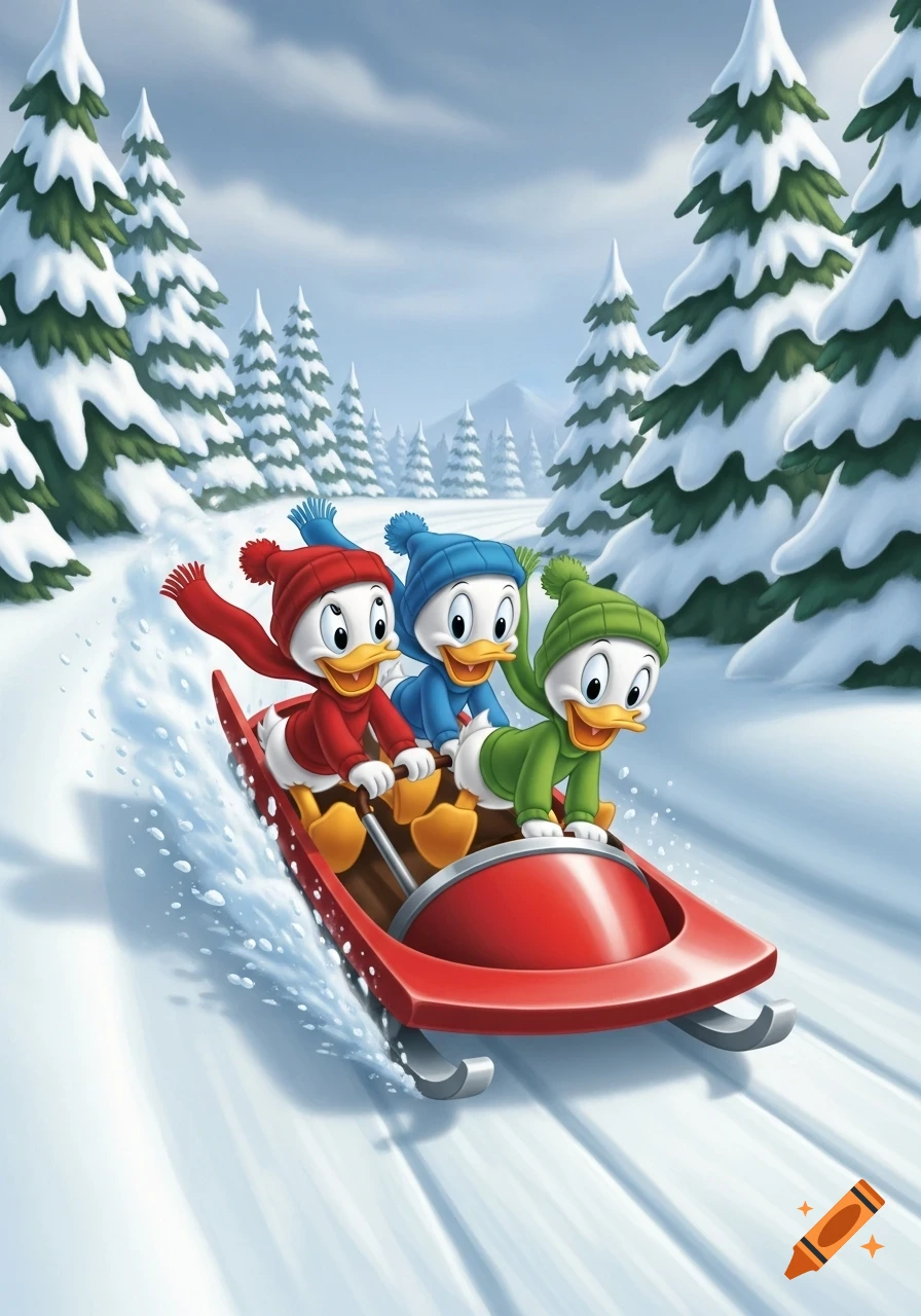 Cartoon ducks Huey, Dewey, and Louie bobsledding down a snowy hill through a pine forest.