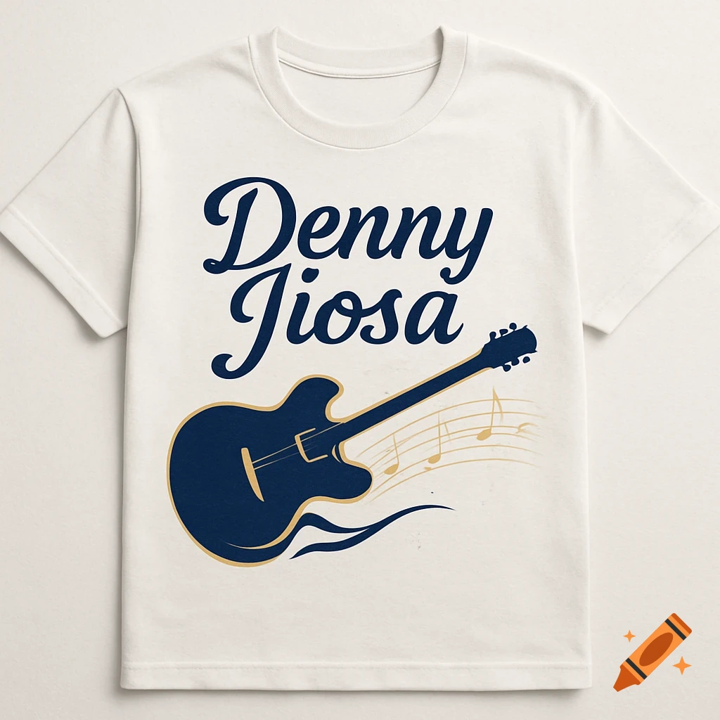 A white t-shirt with a blue and gold logo featuring the name "Denny Jiosa" and a jazz guitar with musical notes.