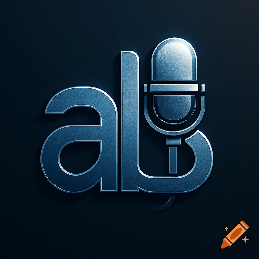 A metallic blue emblem features stylized letters 'a' and 'b' intertwined with a microphone, against a dark background.