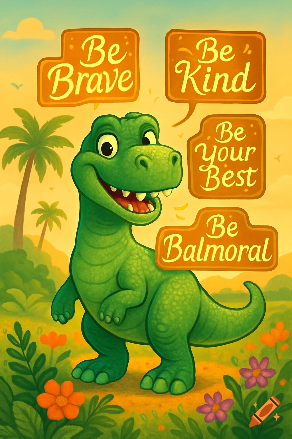Cartoon green dinosaur in a jungle, with speech bubbles: 'Be Brave', 'Be Kind', 'Be Your Best', 'Be Balmoral'.