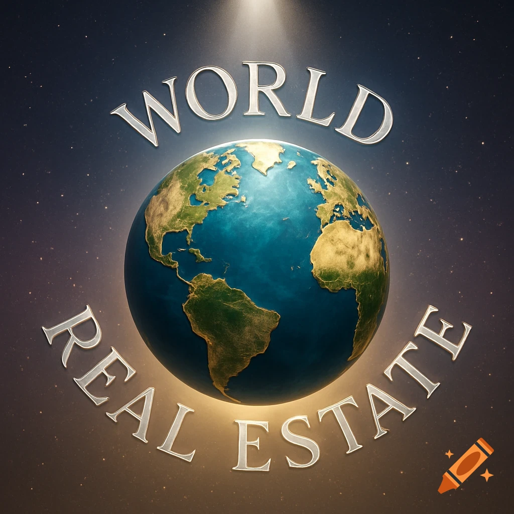 Stylized globe with gold continents and blue oceans, encircled by the text 'WORLD REAL ESTATE' against a starry background.