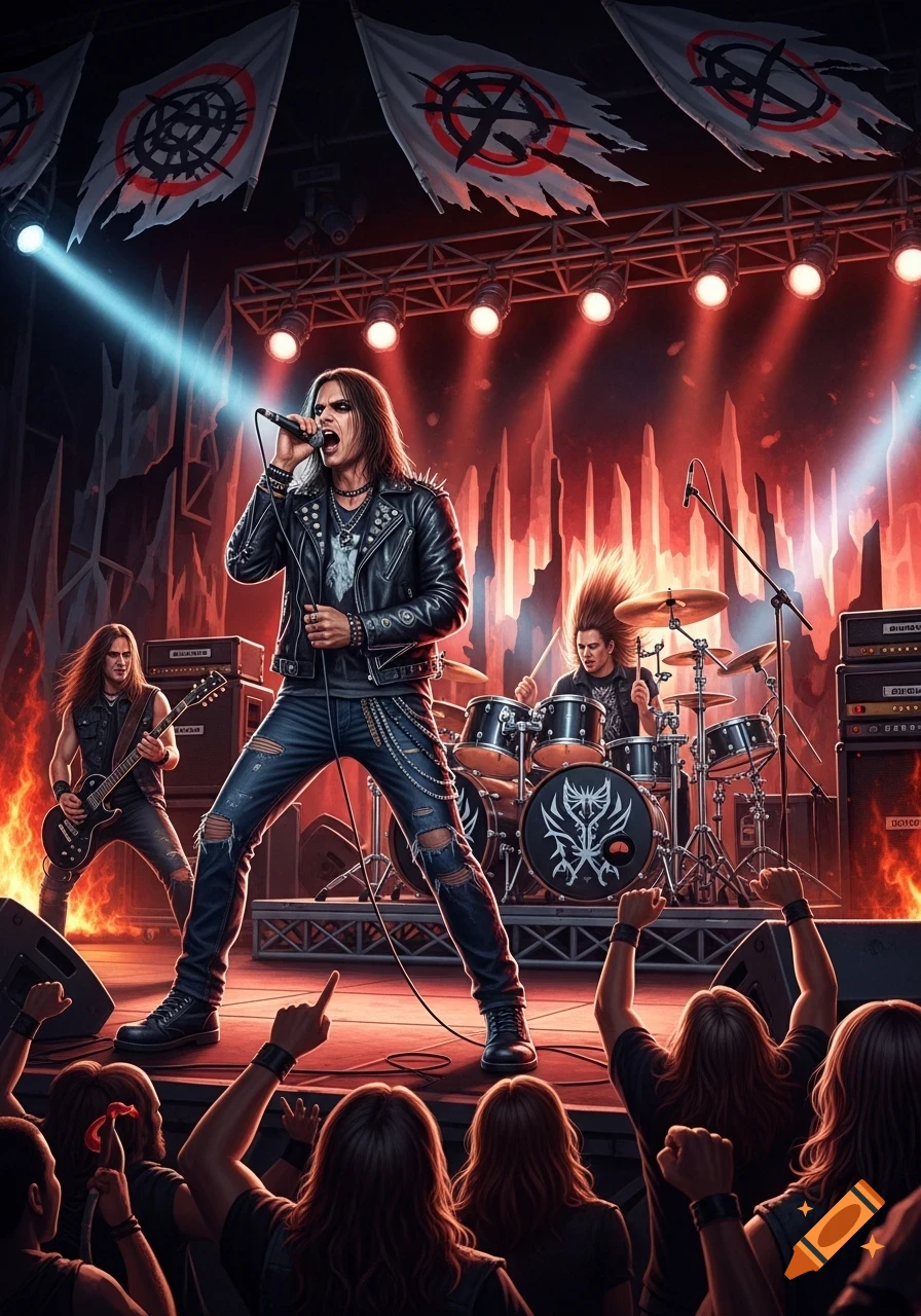 A metal band performs on stage with a vocalist, guitarist, and drummer, under spotlights with a fiery background and a cheering audience.