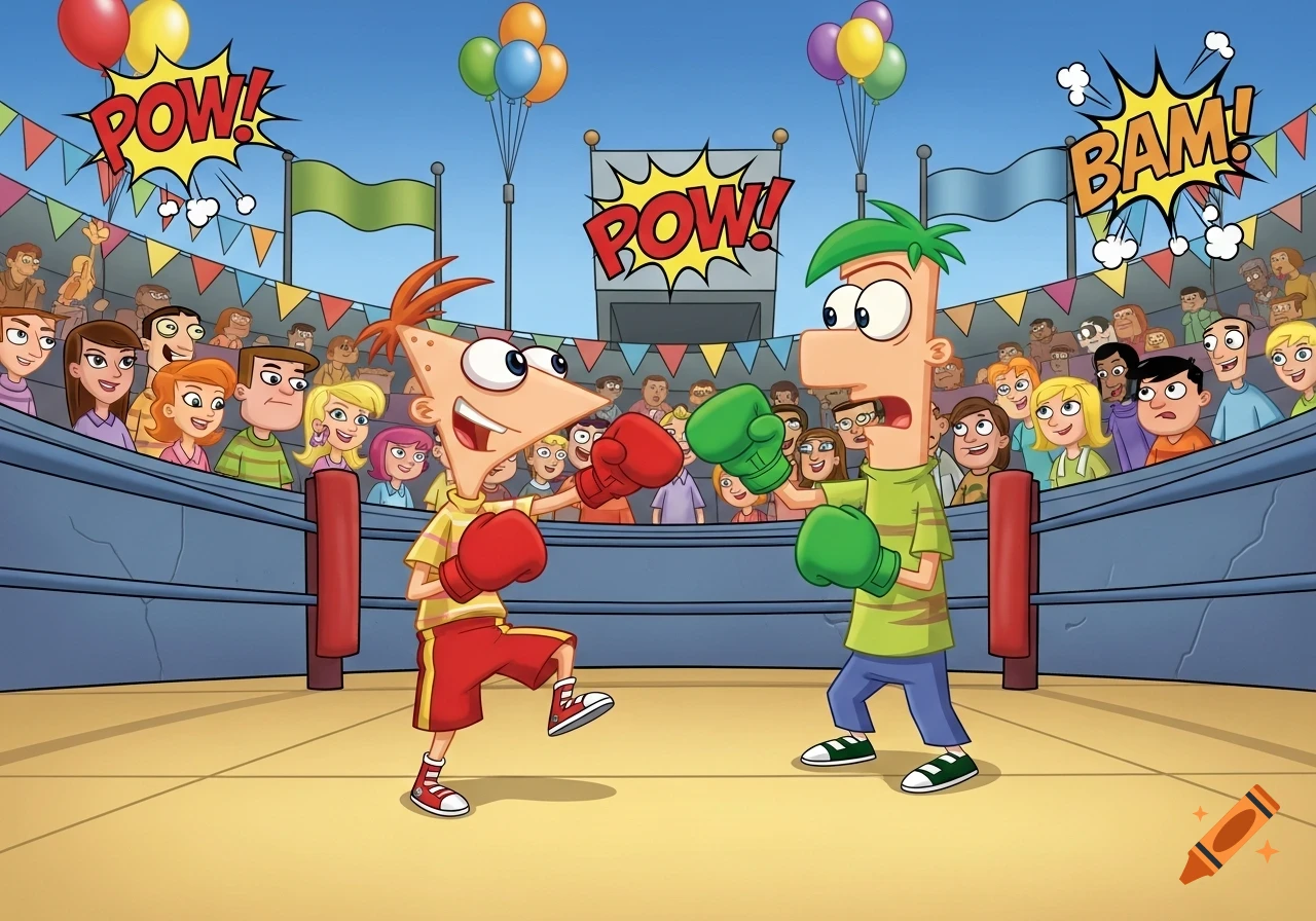 Phineas and Ferb cartoon characters boxing in a ring with a crowd, featuring 'POW!' and 'BAM!' text bubbles.