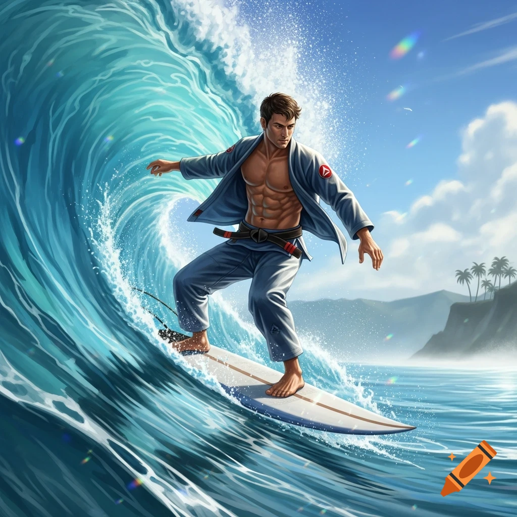 A muscular man in a blue jiu-jitsu gi surfs a large wave with a tropical coastline in the background, digital art style.