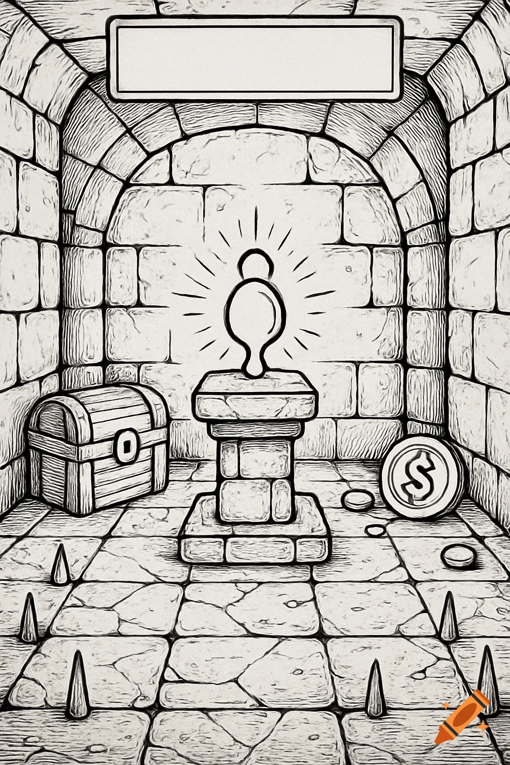 Black-and-white line art of a dungeon treasure room with a blank text box, chest, glowing item on a pedestal, and coins.