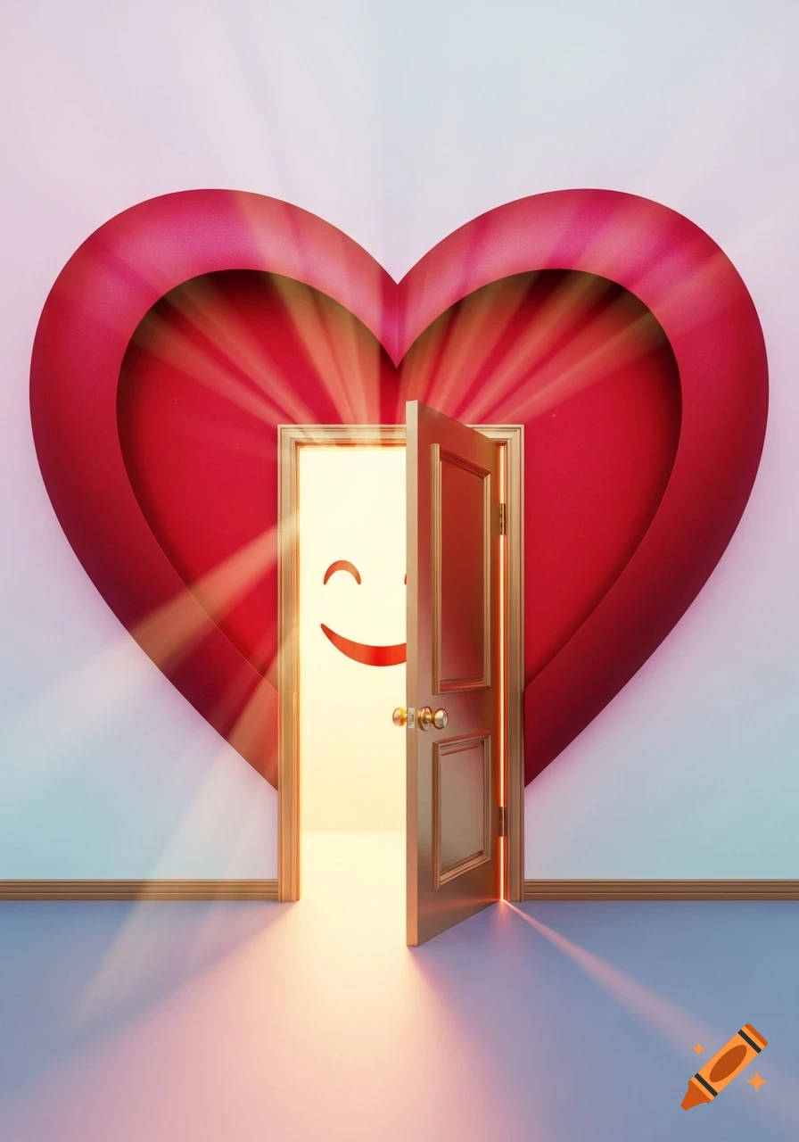 A red heart with an open golden door in its center, revealing a bright light and a red smiley face, with light rays emanating from the door.