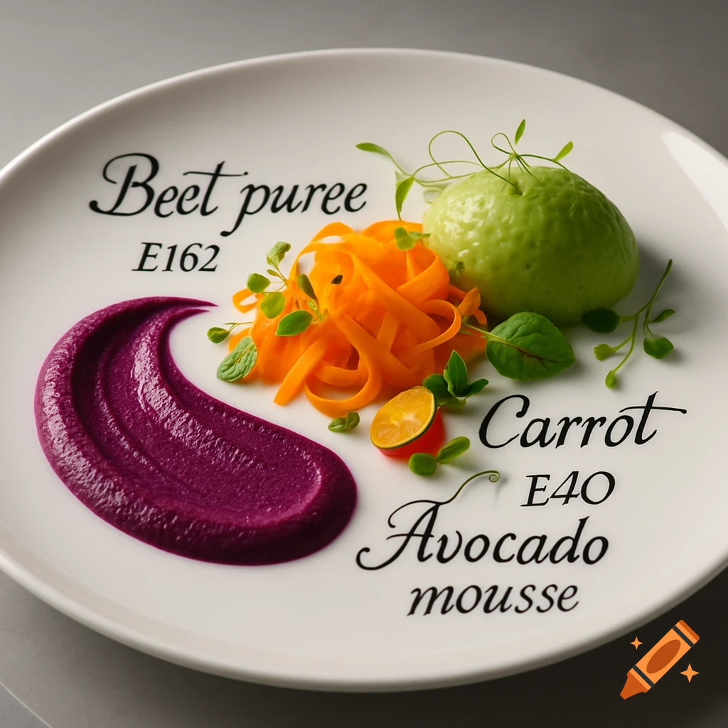 A white plate featuring purple beet puree, orange shredded carrots, and a green avocado mousse, all labeled with text.