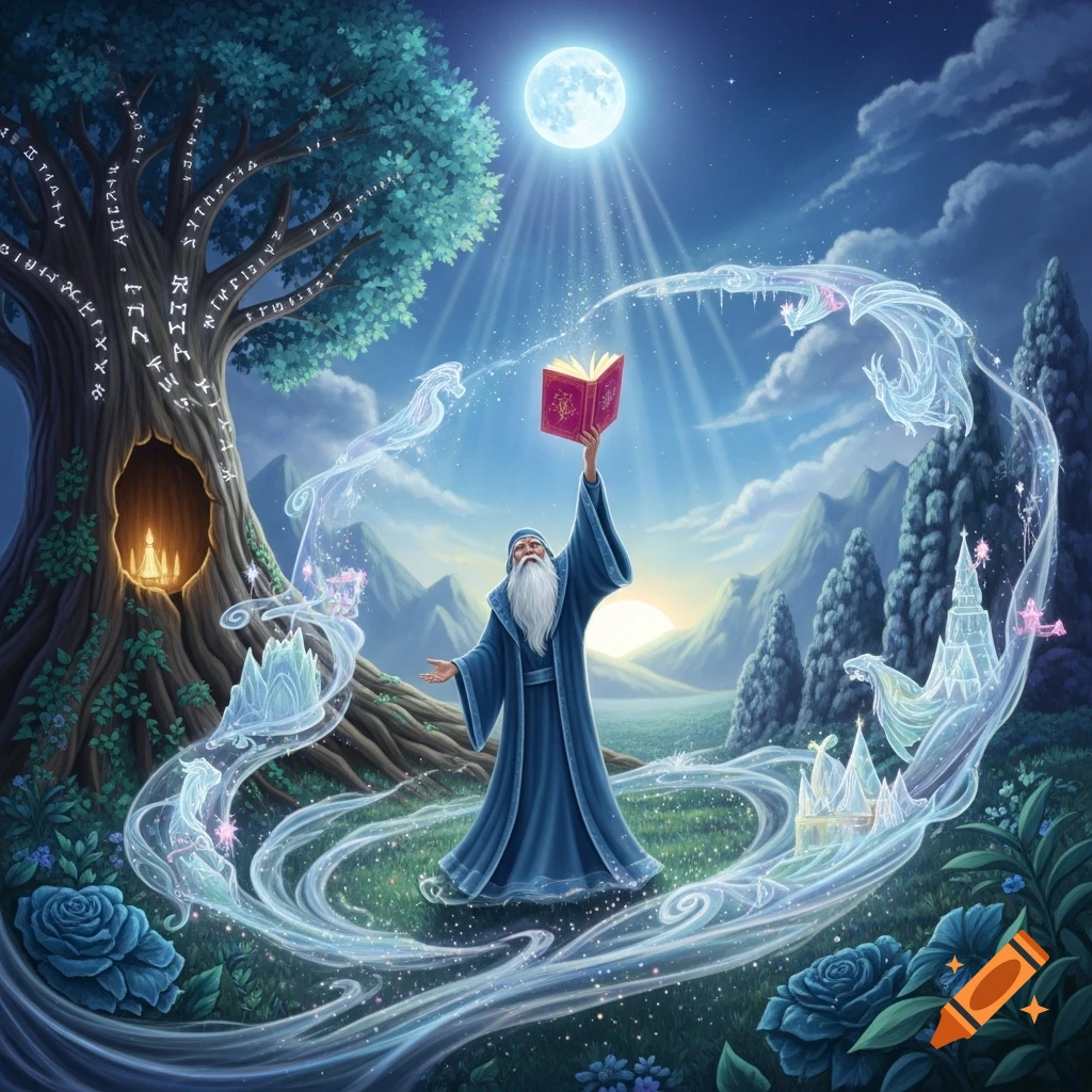 A wizard in a blue robe casts a spell with a glowing red book under a full moon, surrounded by swirling magic and ethereal ice structures. A large tree with glowing runes stands to the left.