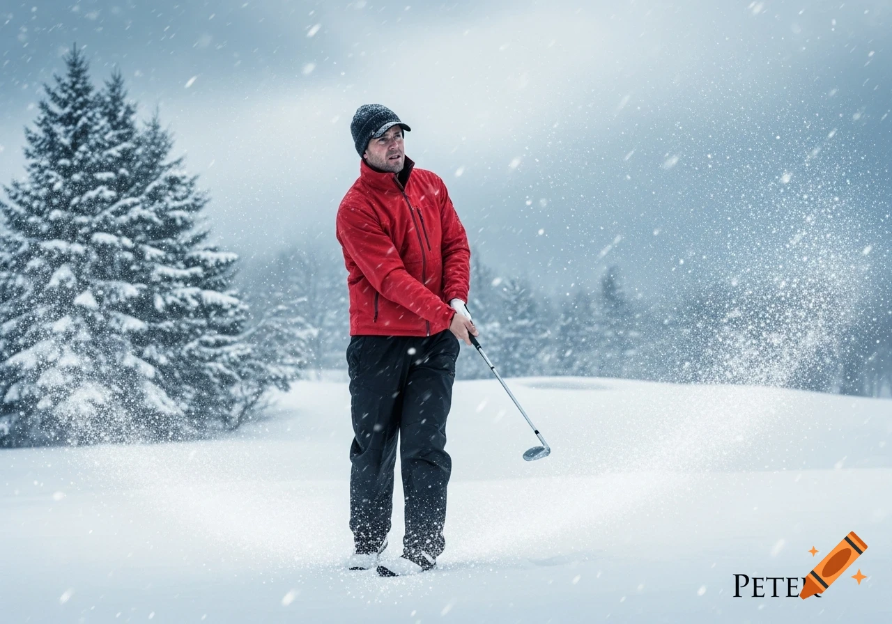 A man in a red jacket and black hat golfs in a snowstorm, hitting a ball from the snow-covered ground with pine trees in the background.