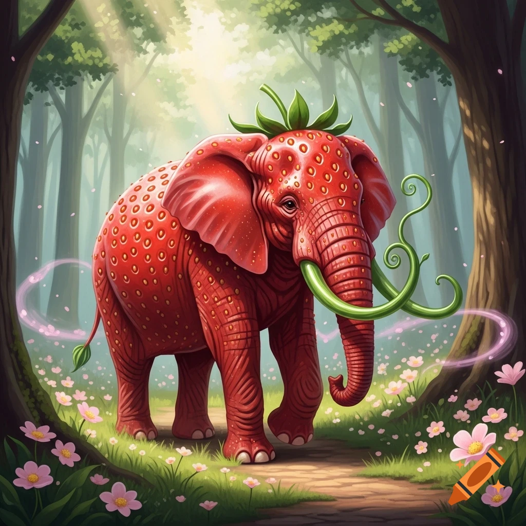 A red strawberry elephant with green vine-like tusks stands on a path in a sunlit, whimsical forest filled with flowers.