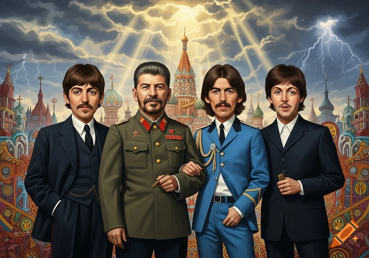 Digital painting of Stalin in military uniform with three Beatles members in suits, standing before surreal Russian cathedrals under a dramatic sky with sunbeams and lightning.