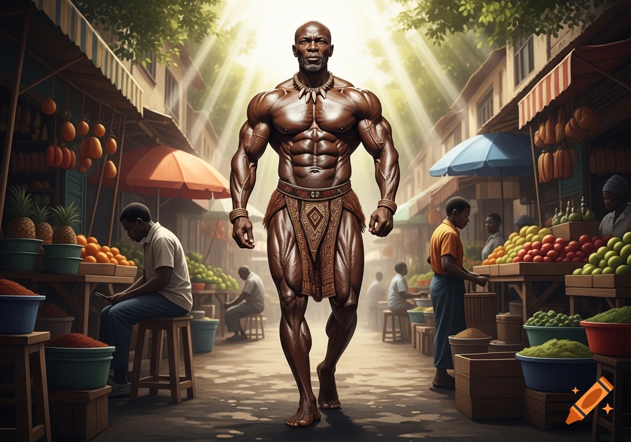 A muscular Black bodybuilder in a loincloth walks through a vibrant, sunlit outdoor market with vendors and produce.