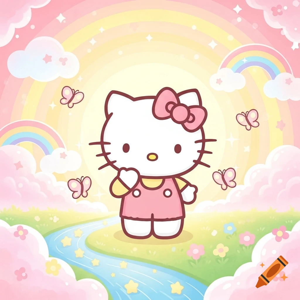A cute Hello Kitty in a pink overall, surrounded by butterflies, rainbows, and clouds in a magical landscape.
