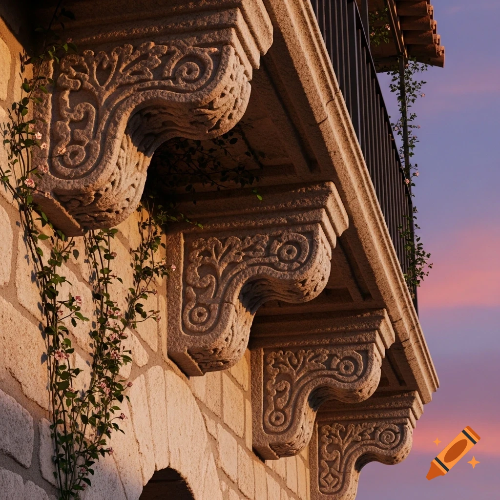 Photorealistic image of ornate carved stone corbels supporting a balcony on a stone building, with climbing plants and pink flowers, against a vibrant sunset sky.