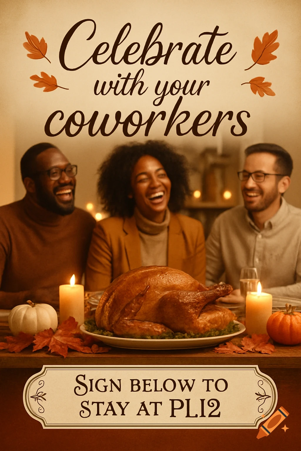Photorealistic image of coworkers celebrating Thanksgiving dinner with a roasted turkey and autumn decorations. Text: "Celebrate with your coworkers. Sign below to stay at PLI2"