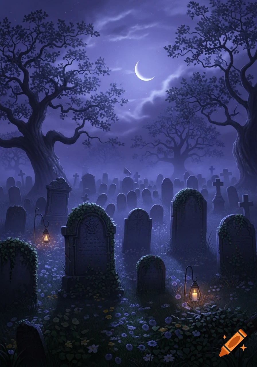 A moonlit cemetery with numerous old tombstones, overgrown trees, and glowing lanterns amidst a field of wildflowers, rendered in a mystical illustration style.
