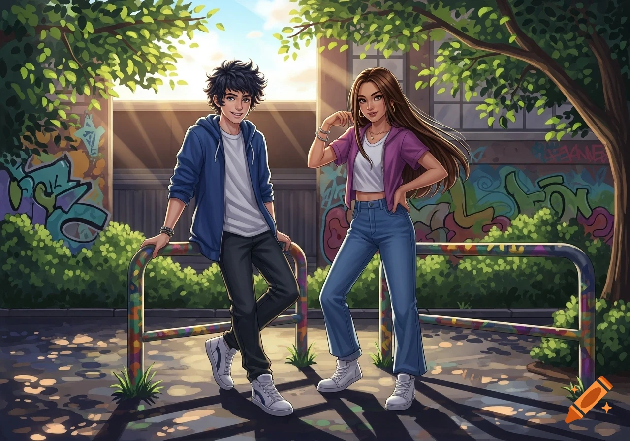 Two cartoon teenagers, a boy with curly hair and a girl with long straight hair, pose in an urban park with graffiti on the walls.