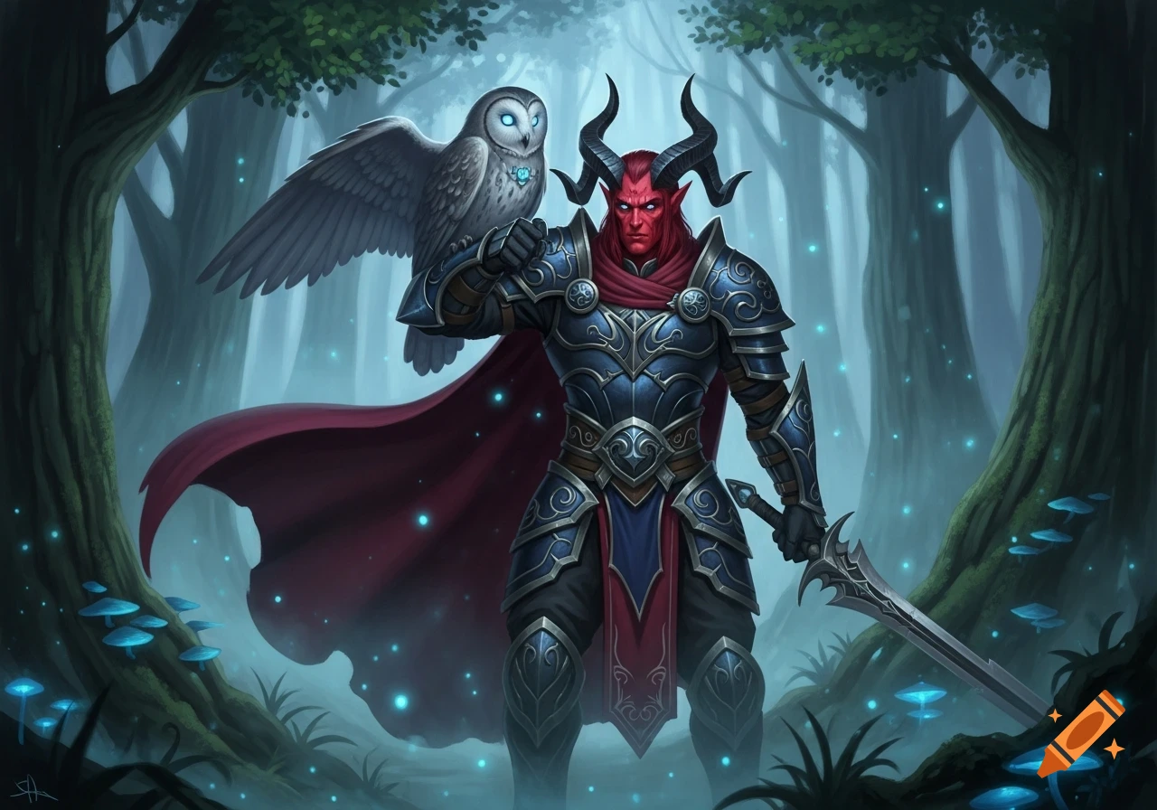 Red-skinned tiefling fighter in dark armor, red cape, and sword, with a white owl on his shoulder, in a magical forest with glowing blue mushrooms, fantasy art style.