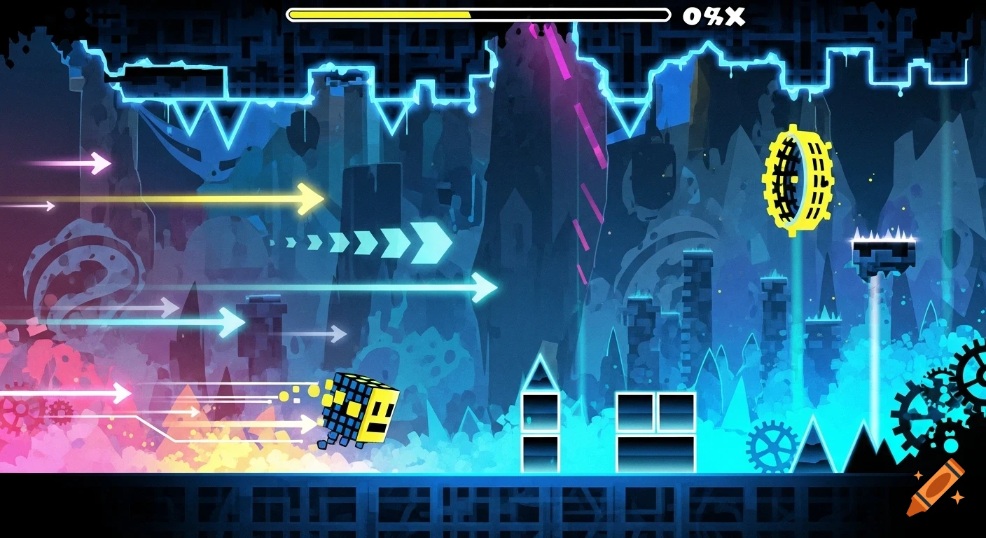 A vibrant, neon-lit Geometry Dash level with a yellow cube character, arrows, obstacles, and a progress bar.