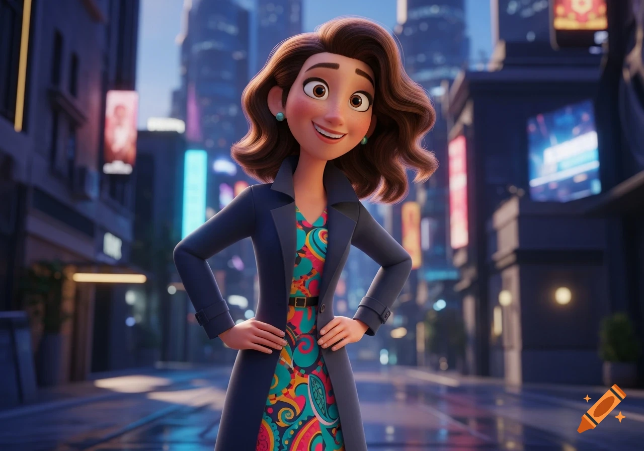 A 3D animated woman with brown wavy hair, wearing a colorful patterned dress and a dark blue coat, smiles brightly in a futuristic city street.
