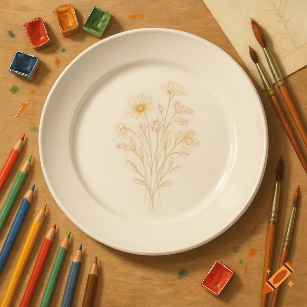 A white plate with a delicate floral drawing surrounded by colorful pencils, watercolor paints, and paintbrushes on a wooden table.