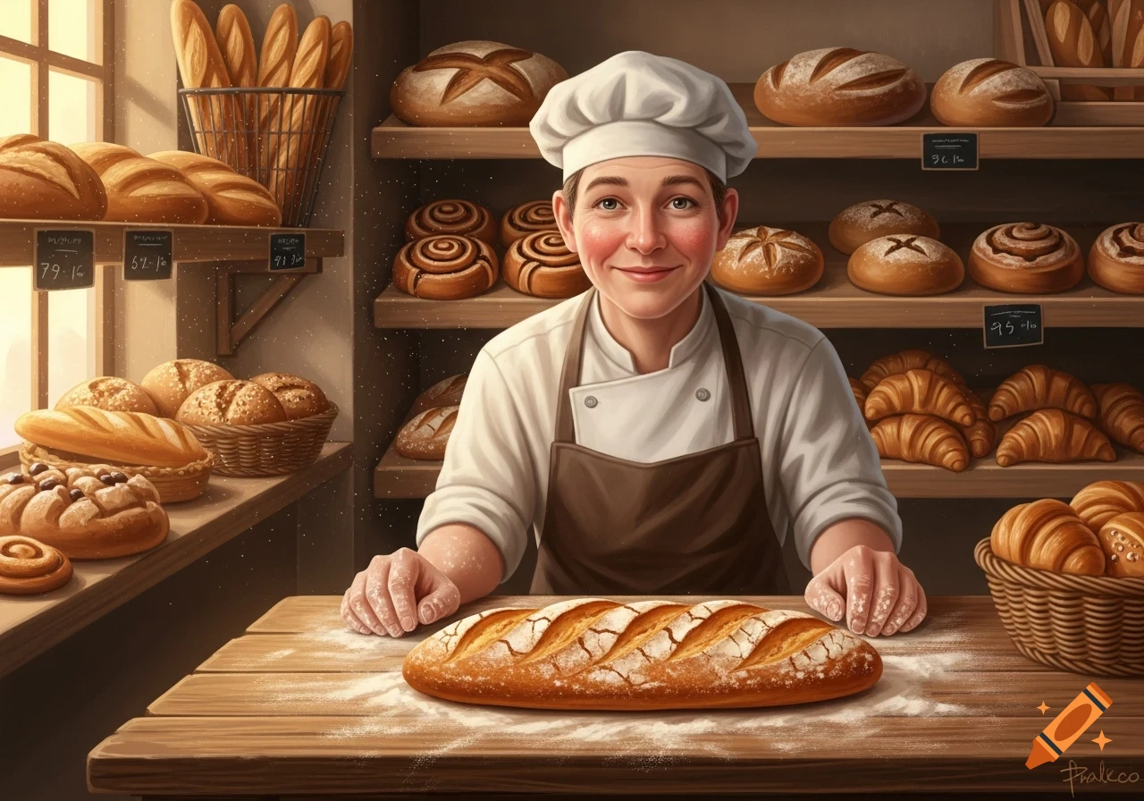 A baker in a white chef's hat and brown apron smiles behind a wooden counter with a baguette in a cozy bakery filled with various loaves and pastries.