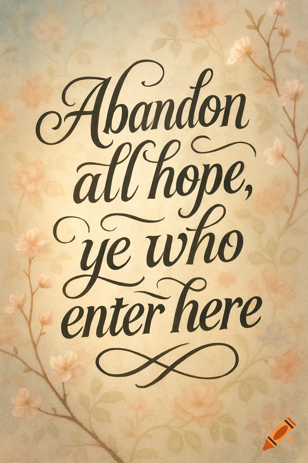 Decorative script reads 'Abandon all hope, ye who enter here' on a floral background.