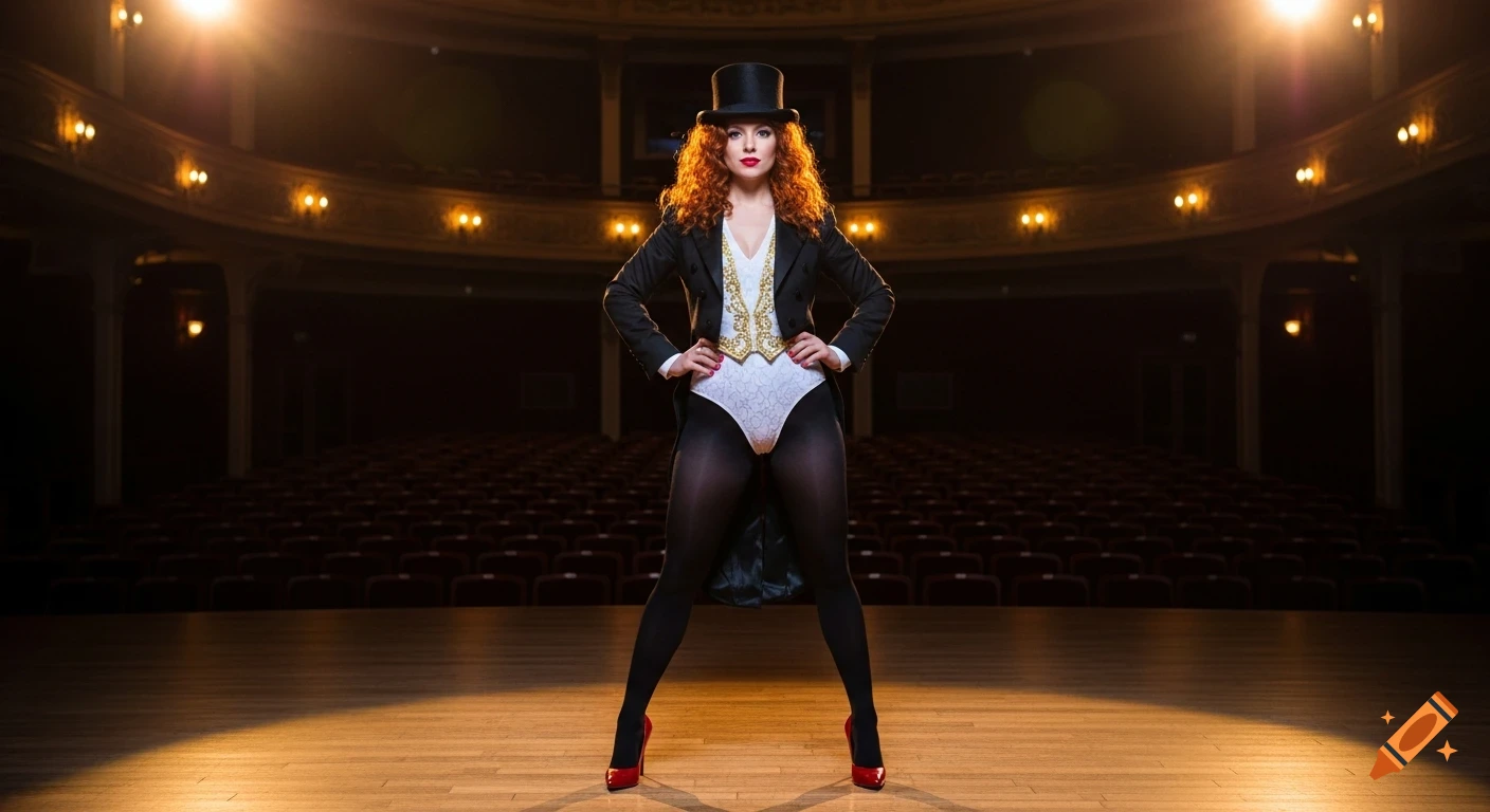 A female magician with red curly hair, wearing a top hat, tailcoat, white bodysuit, black tights, and red heels, stands on a spotlighted stage in a theater.