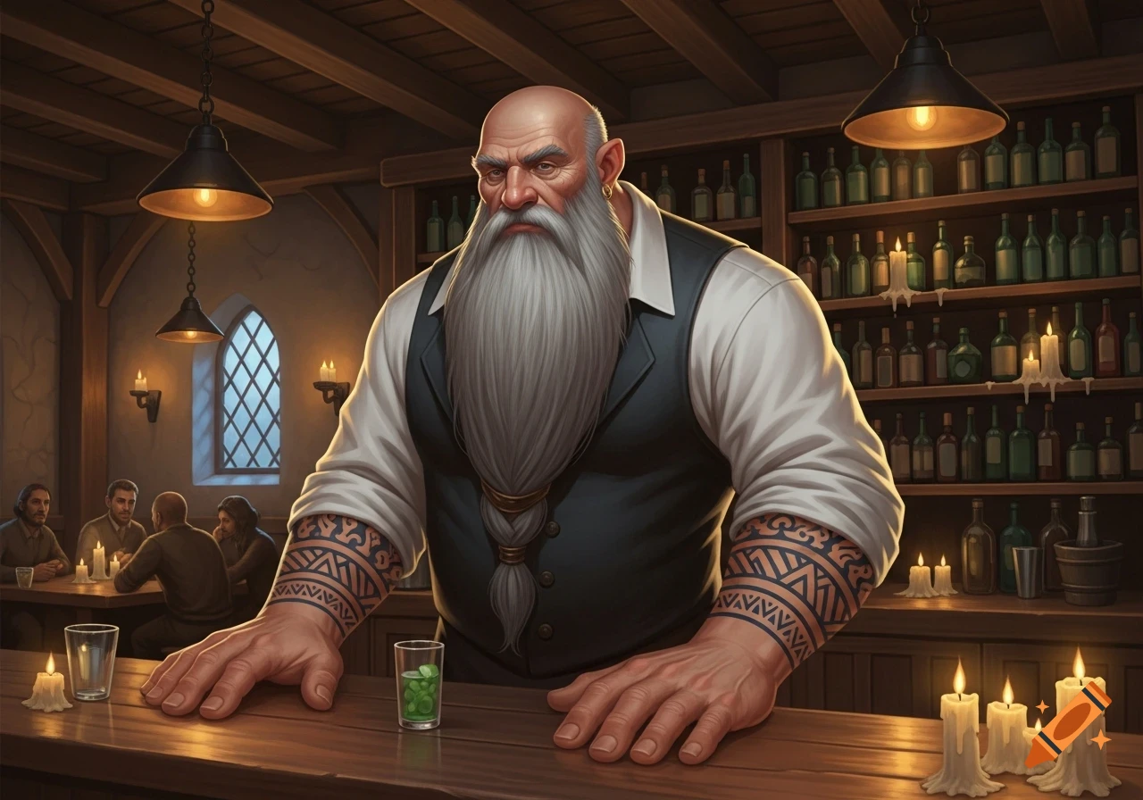 Bald goliath bartender with a long grey beard and tattooed arms leans on a wooden bar in a dimly lit fantasy tavern.