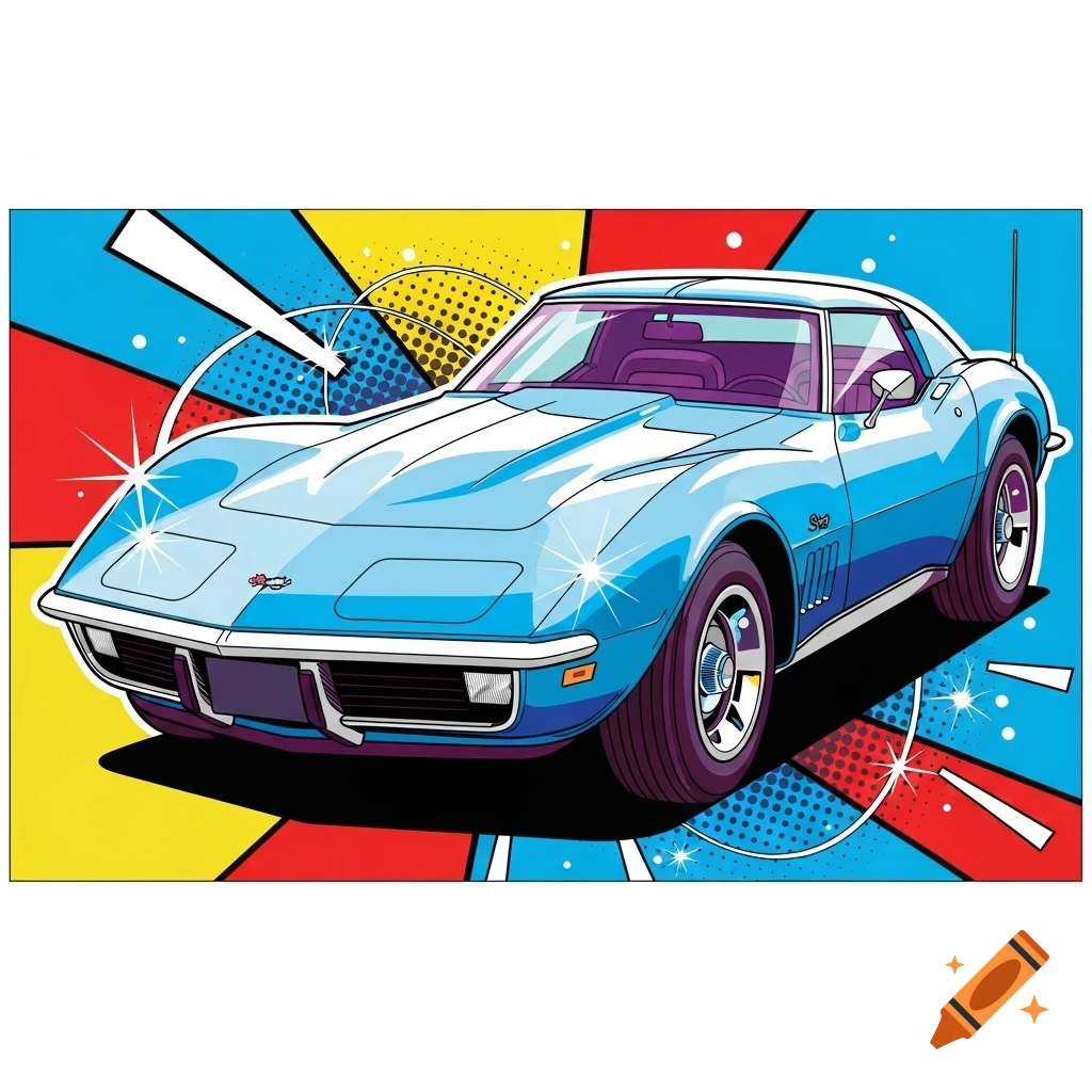 Light blue Corvette C3 classic car in vibrant pop art style against a red, yellow, and blue geometric background.