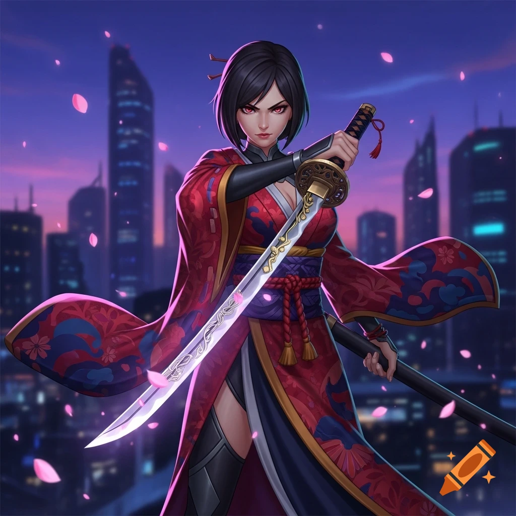 A fierce female samurai in a red kimono holds a glowing katana against a city skyline at sunset, anime style.