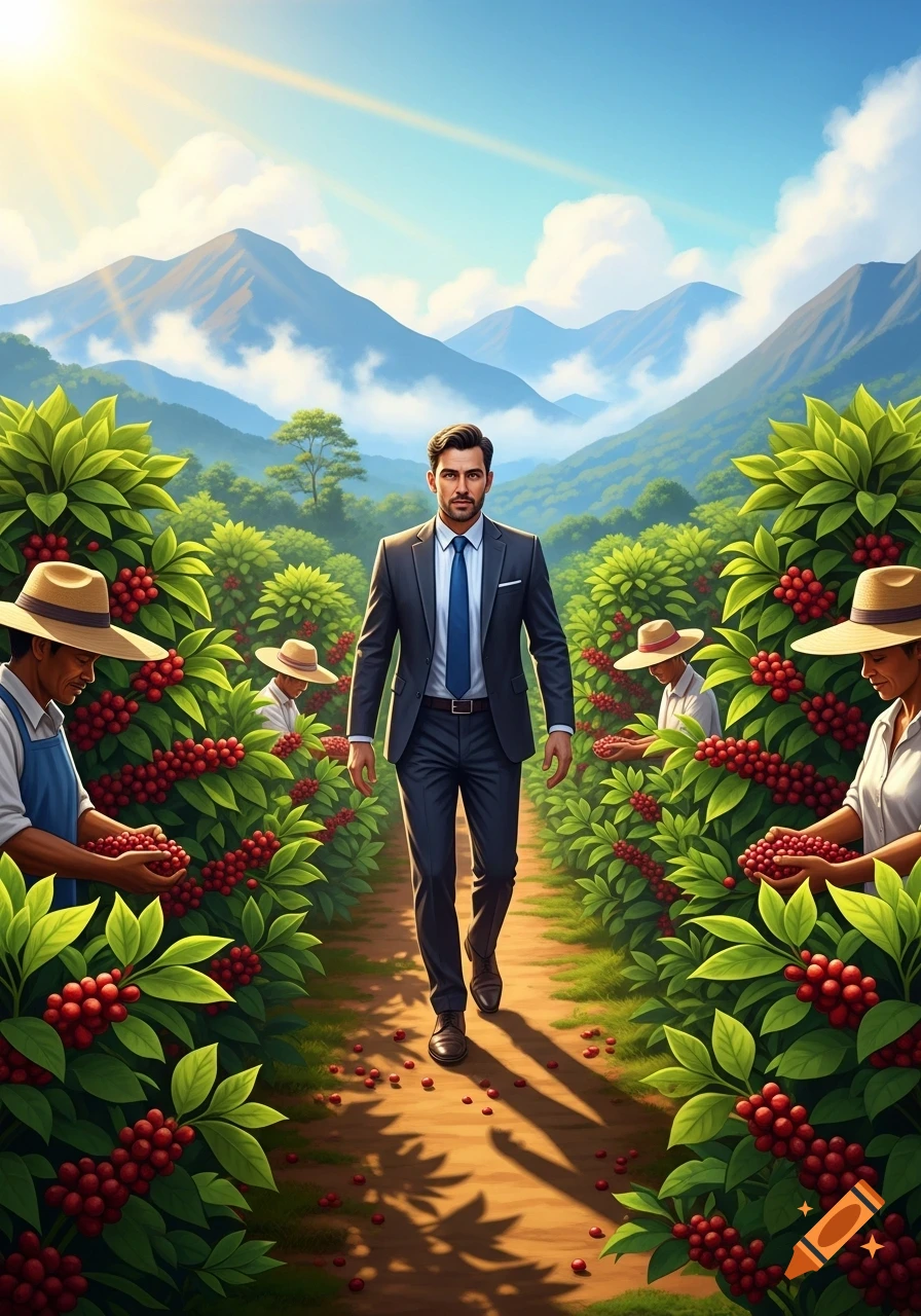 A man in a suit walks through a coffee farm with workers picking red berries and mountains in the background.