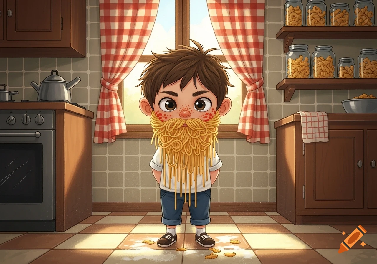 A cartoon boy stands in a kitchen with a beard made of spaghetti and sauce on his cheeks.