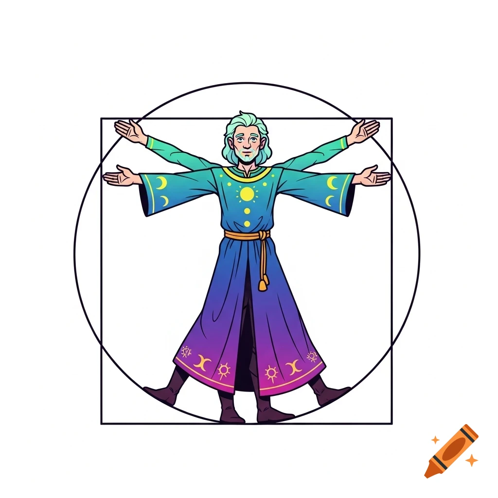 A cartoon wizard with long teal hair, a beard, and a blue-to-purple robe decorated with suns and moons, posed like the Vitruvian Man within a black circle and square.