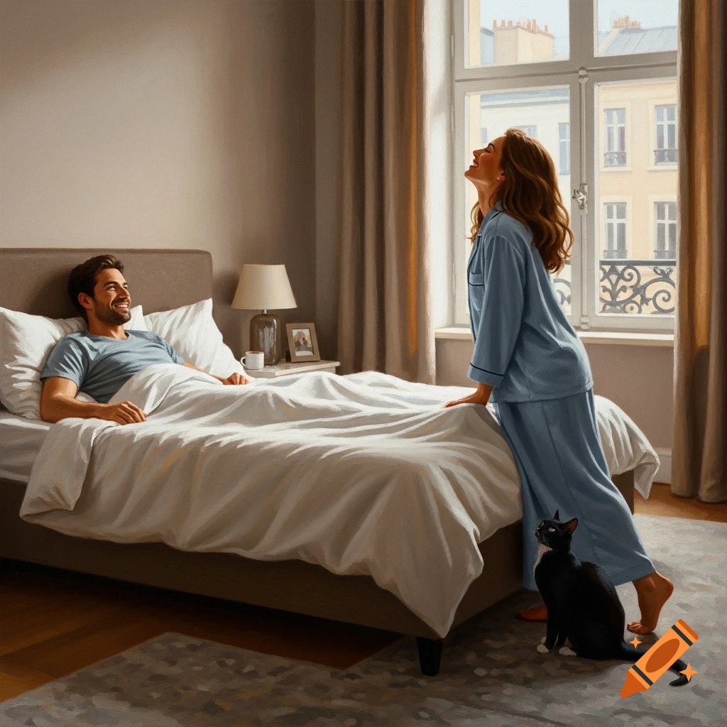 Man in bed smiles at a laughing woman in pajamas standing by a window with a black cat. Oil painting.