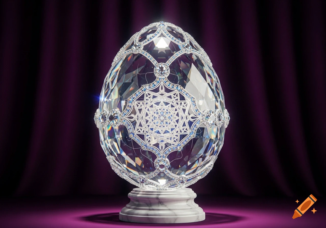 A faceted crystal egg adorned with intricate patterns of diamonds and blue gems, resting on a marble base against a purple background.