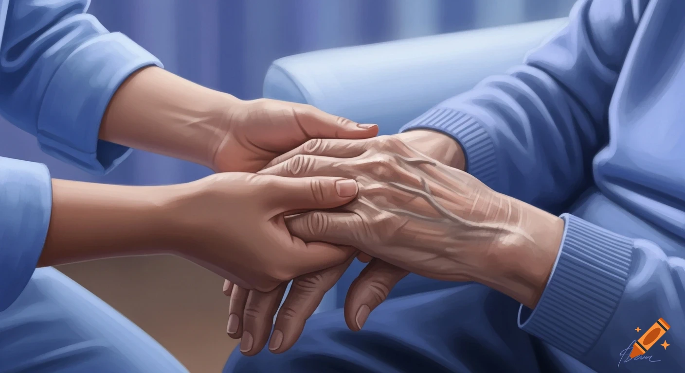 Close-up digital painting of young hands gently holding and comforting the wrinkled hands of an elderly person, in calming blue tones.