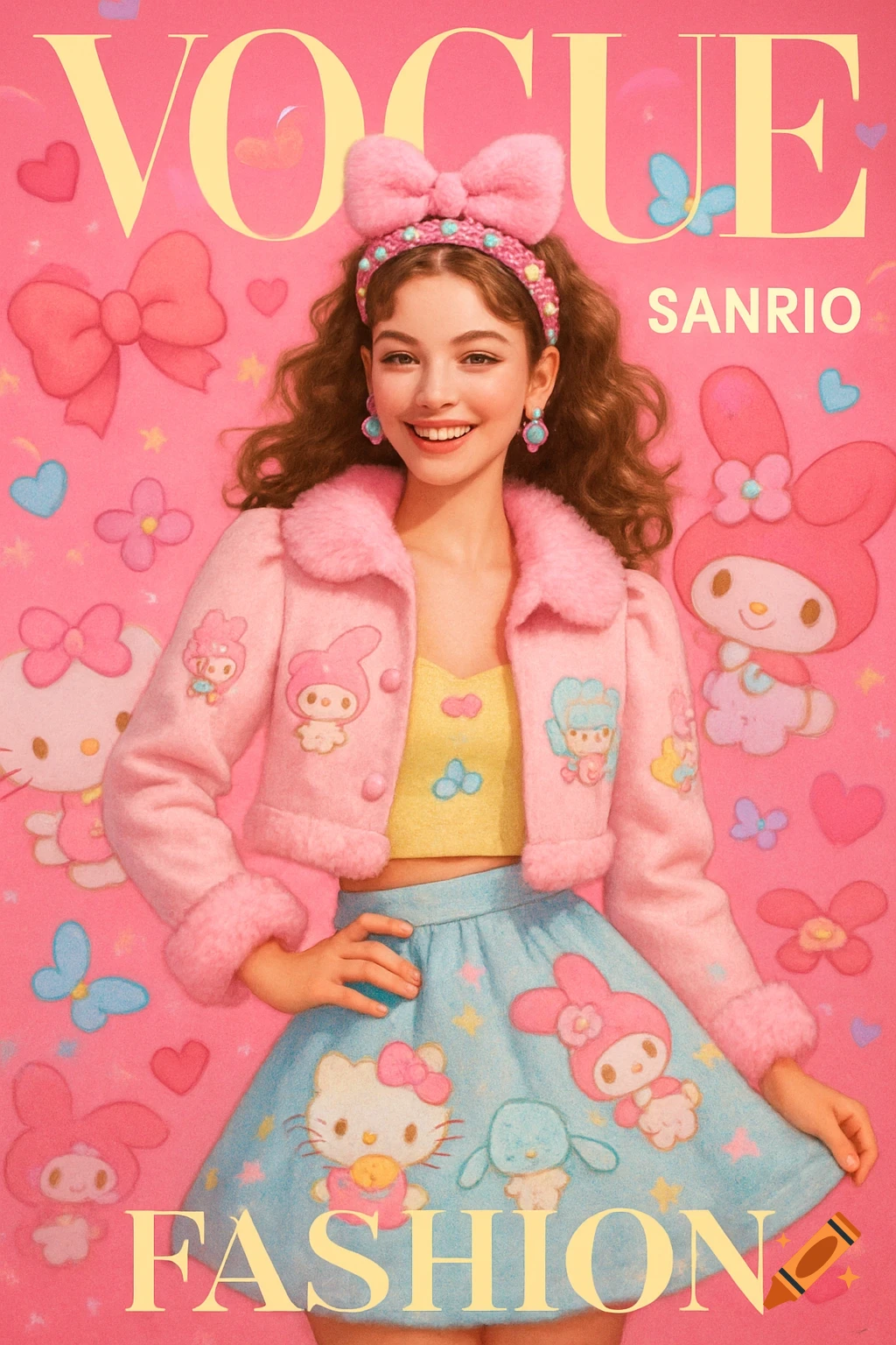 A smiling young woman in a pink Sanrio-themed outfit on a vibrant pink magazine cover with 'VOGUE', 'SANRIO', and 'FASHION' text.