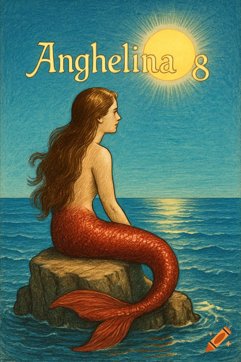 Drawing of a brown-haired mermaid with a red tail, sitting on a rock in a blue sea under a bright sun, with 'Anghelina 8' in the sky.