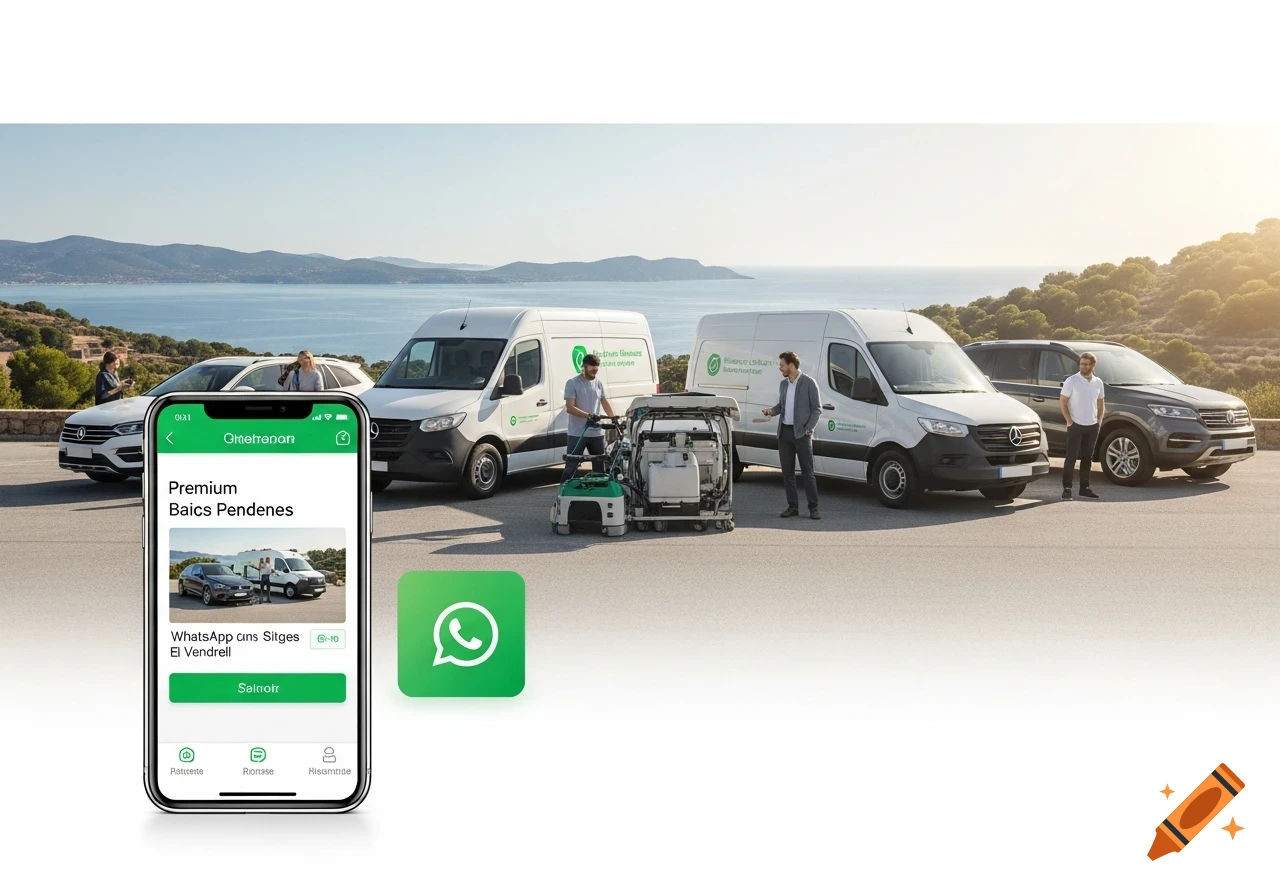 An outdoor scene featuring several white vans and SUVs, with people standing near them, overlooking a coastline. In the foreground, a smartphone displays an app interface and a WhatsApp logo.