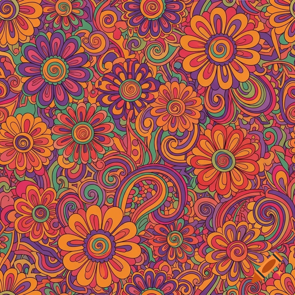 A seamless pattern of colorful, swirling psychedelic flowers and paisley shapes in bold, saturated orange, purple, green, and red.