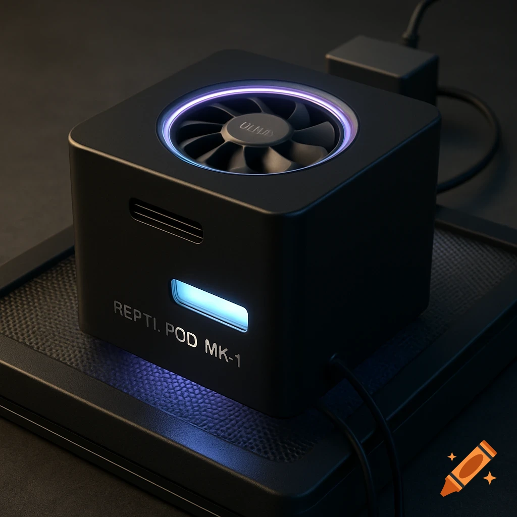 A sleek, matte-black square electronic device with a fan, blue glow, and "REPTI. POD MK-1" label, on a textured base.