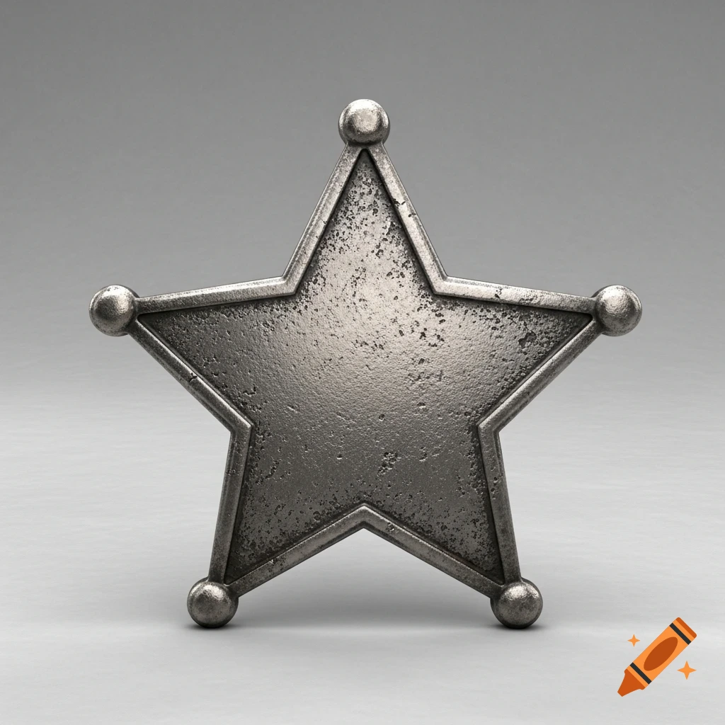 A tarnished silver five-point sheriff's star badge, rendered in 3D, on a neutral grey background.