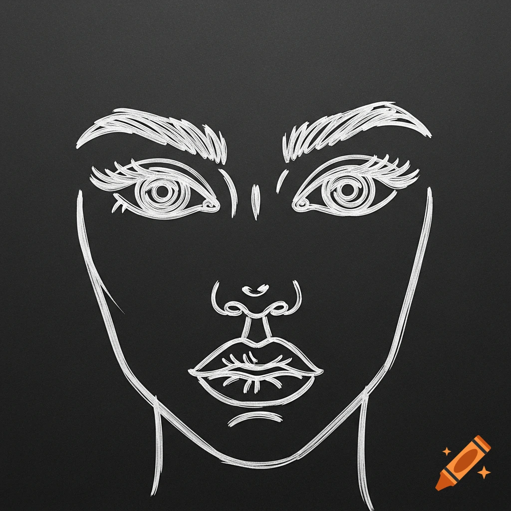 A minimalist white line drawing on a black background depicts a stylized face with large eyes, thick eyebrows, and full lips.