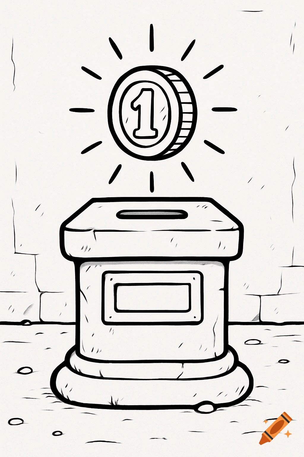 Black-and-white line art of a coin with a '1' floating above a blank item pedestal, in a coloring page style.