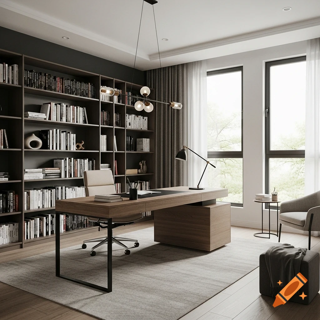 Photorealistic modern home office-library with a floating wooden desk, floor-to-ceiling bookshelves, and large windows.