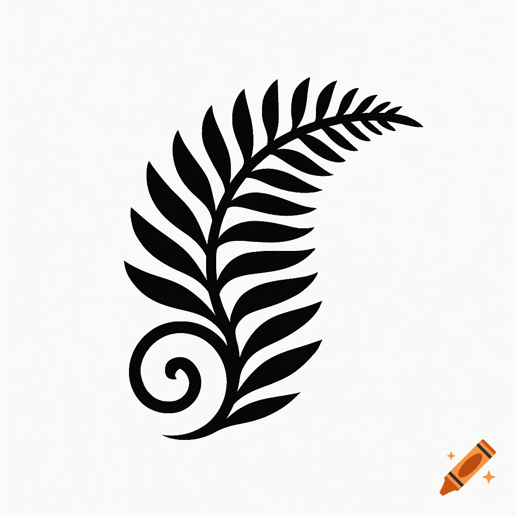 Monochrome black fern leaf logo with a curled base on a white background.