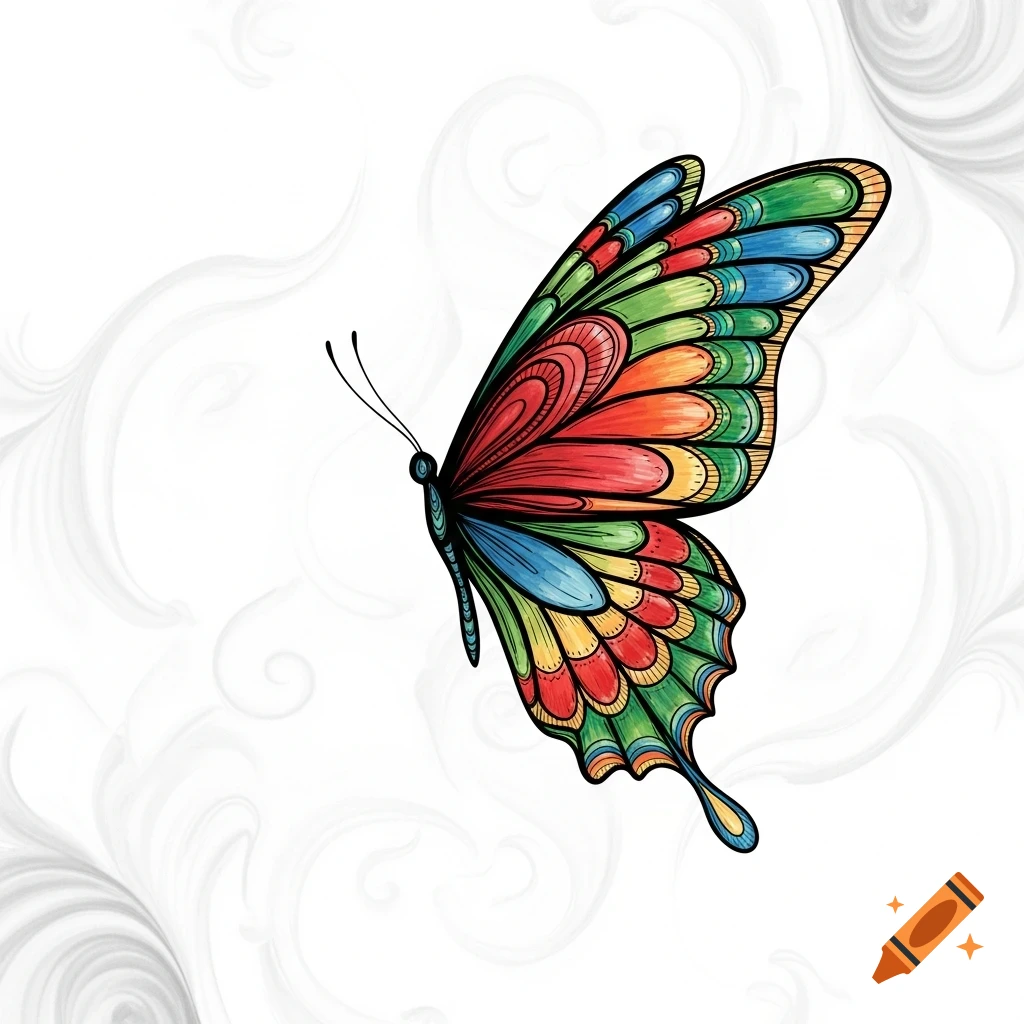 A colorful butterfly with patterned wings in red, green, blue, and yellow, with black outlines, on a white background with subtle grey swirls.